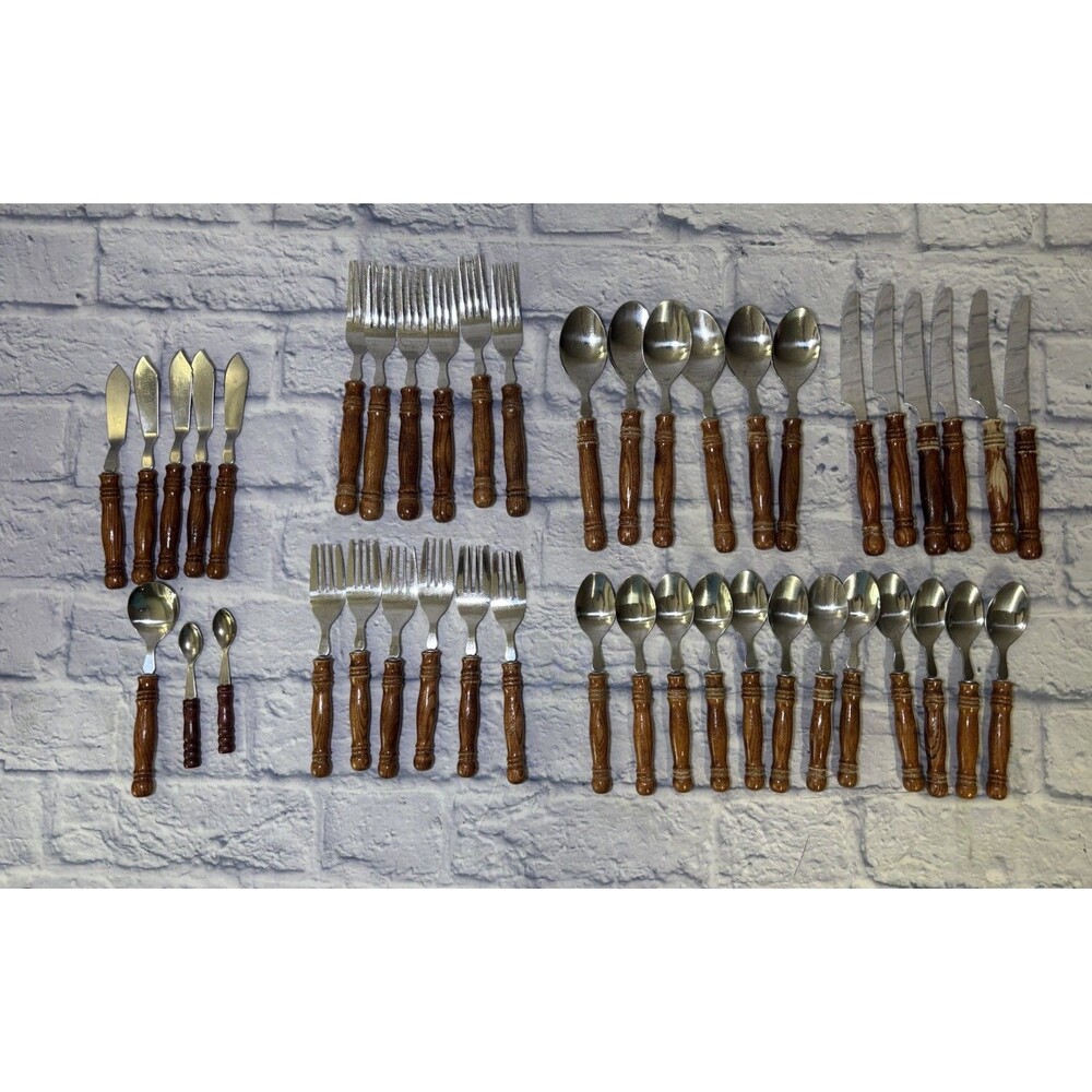 Vintage Lot Of Harbor House Stainless Silverware Set Wood Handle 6 Place Sets